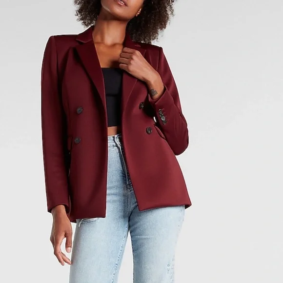 EXPRESS KNIT DOUBLE BREASTED BUTTON BLAZER JACKET Maroon Wine